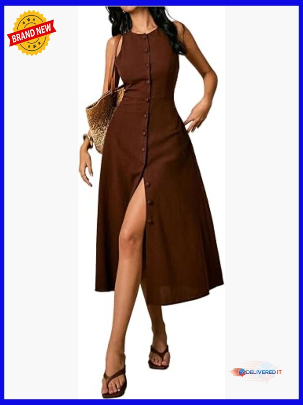 Button Down Sleeveless Midi Dress with Pockets Tie Back